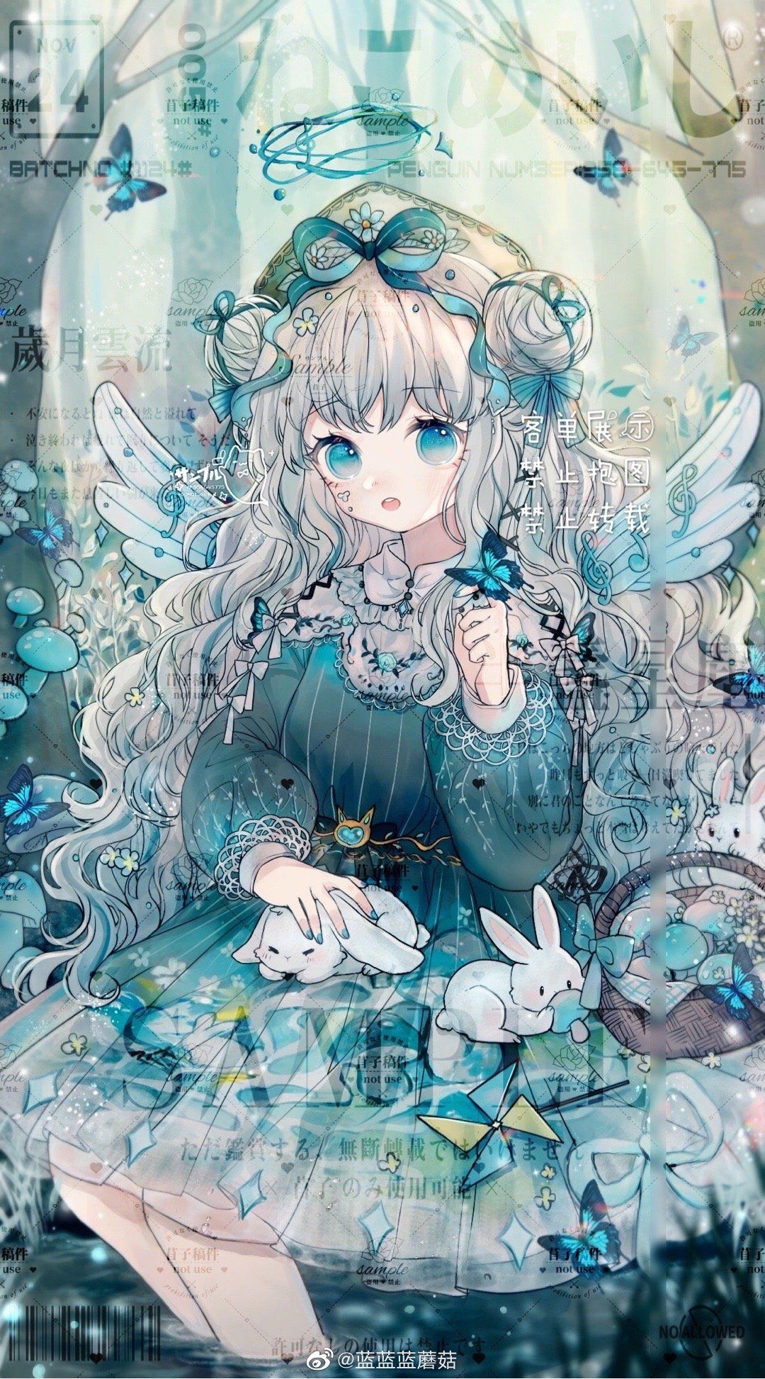 1girl angel_wings animal_on_lap aqua_bow aqua_dress aqua_eyes aqua_nails aqua_ribbon barcode basket blue_butterfly bow bug butterfly butterfly_on_hand clenched_hand collar collared_dress detached_wings diamond_print double_bun dress egg eyelashes feet_out_of_frame floppy_ears forest grey_hair hair_bow hair_bun hair_ribbon heart_on_cheek highres holding holding_egg lace-trimmed_sleeves lace_collar lace_trim lanlanlan_mogu long_hair long_sleeves looking_at_viewer medium_dress multiple_hair_bows musical_note nail_polish nature on_lap open_mouth original outdoors petting pinwheel pleated_dress puffy_long_sleeves puffy_sleeves ribbon sample_watermark sleeve_bow soaking_feet solo striped striped_dress teeth third-party_source upper_teeth_only vertical-striped_dress vertical_stripes watermark wavy_hair weibo_logo weibo_username white_bow white_collar white_rabbit_(animal) white_wings wings
