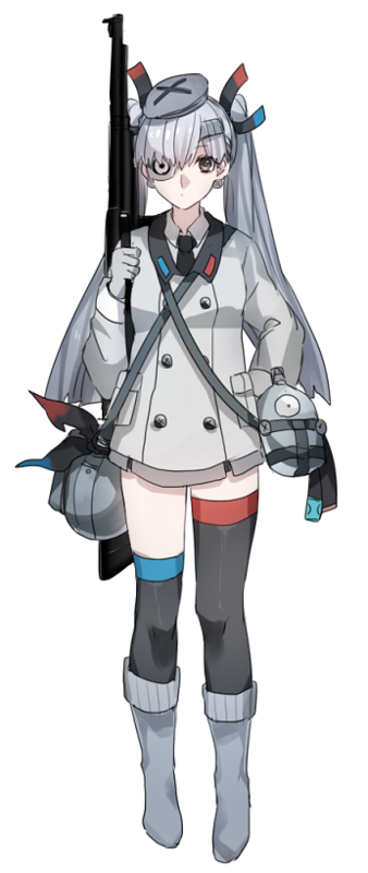 1girl archived_source asymmetrical_legwear black_necktie black_thighhighs canteen collared_shirt earrings eyepatch full_body gloves grey_eyes grey_footwear grey_gloves grey_hair grey_skirt gun jewelry katagiri_hachigou long_sleeves magnet magneton miniskirt mismatched_legwear necktie personification pokemon rifle screw shirt simple_background skirt solo thigh-highs twintails uneven_legwear weapon white_background white_shirt zettai_ryouiki