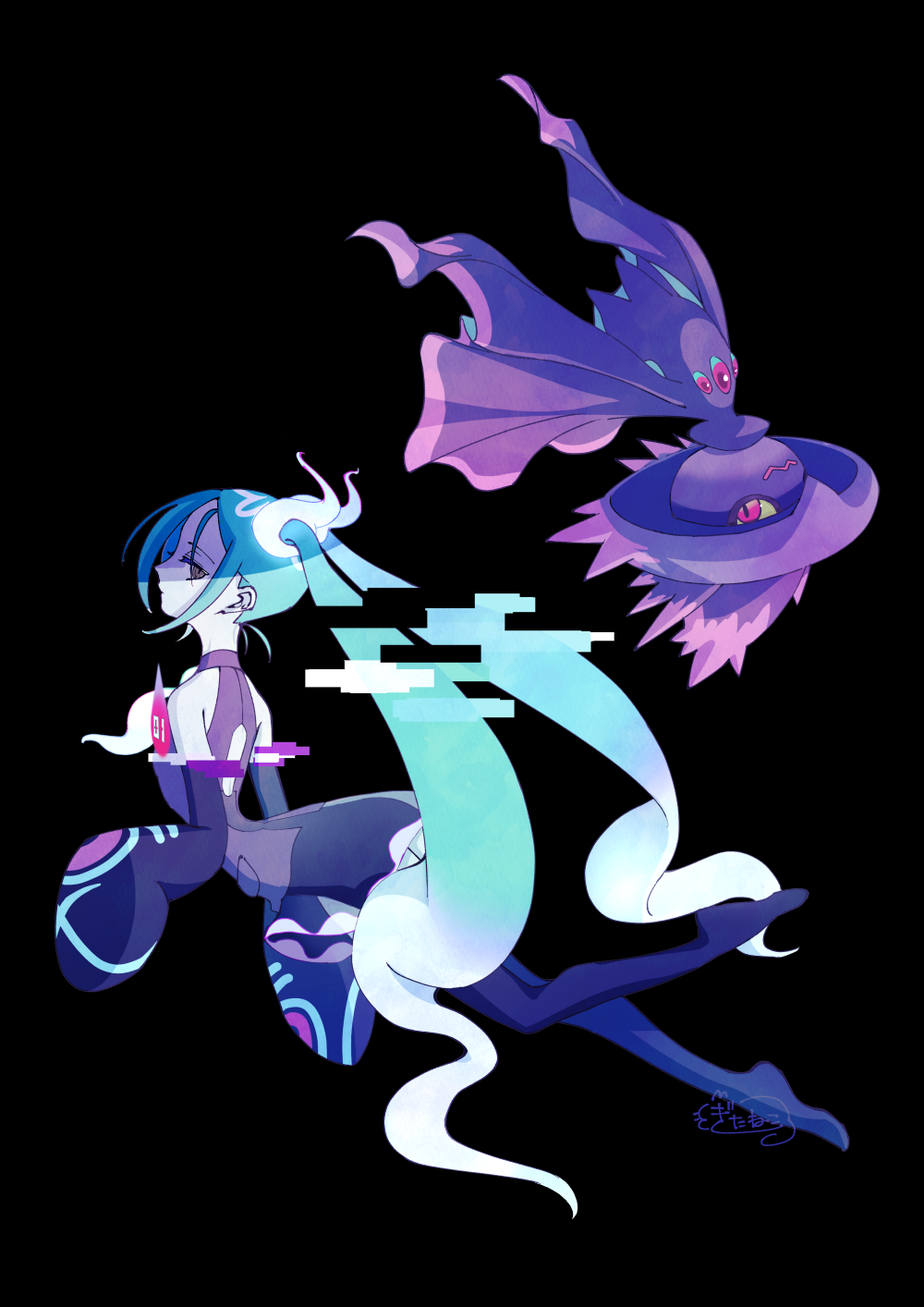 1girl aqua_hair back_cutout black_background black_thighhighs clothing_cutout detached_sleeves floating from_side ghost ghost_miku_(project_voltage) glitch gradient_hair grey_shirt guitarcat hatsune_miku highres long_hair mismagius multicolored_hair necktie pale_skin pokemon pokemon_(creature) project_voltage shirt skirt sleeves_past_fingers sleeves_past_wrists thigh-highs twintails upside-down very_long_hair vocaloid will-o'-the-wisp_(mythology) yellow_eyes