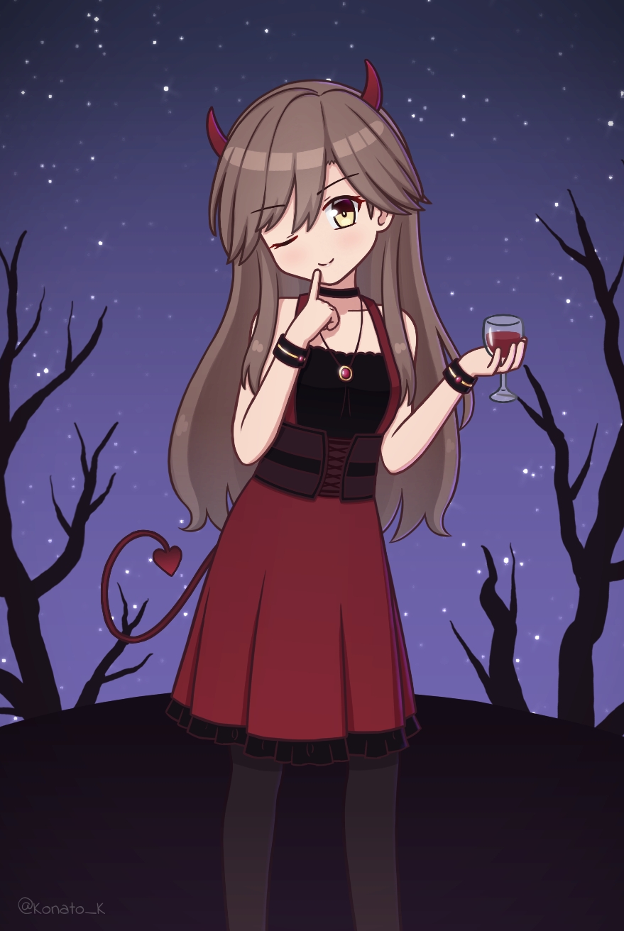 1girl alcohol alternate_costume arashio_(kancolle) black_pantyhose brown_eyes brown_hair cup demon_girl demon_horns demon_tail dress drinking_glass feet_out_of_frame finger_to_mouth halloween highres horns kantai_collection konato_k looking_at_viewer night night_sky one_eye_closed pantyhose red_dress sky sleeveless sleeveless_dress solo tail tree wine wine_glass