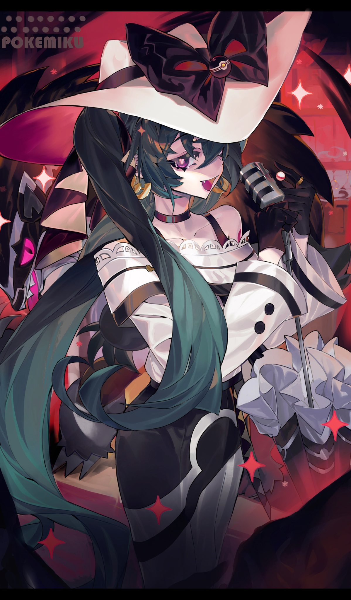 1girl black_bow black_choker black_gloves bow choker dark_miku_(project_voltage) earrings fang gloves hat hat_bow hatsune_miku highres holding holding_umbrella jewelry long_hair long_sleeves luxury_ball microphone obstagoon off_shoulder open_mouth poke_ball pokemon pokemon_(creature) project_voltage ring taowu_(20809) twintails umbrella uneven_twintails very_long_hair vocaloid