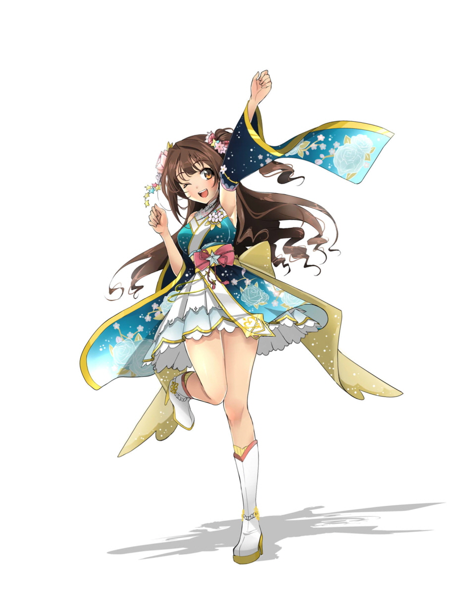 1girl arm_up armpits bare_shoulders blush boots bow breasts brown_eyes brown_hair clenched_hands detached_sleeves dot_nose floral_print flower full_body furisode hair_flower hair_ornament hand_up highres idolmaster idolmaster_cinderella_girls idolmaster_cinderella_girls_starlight_stage japanese_clothes kimono kimono_skirt leg_up long_hair looking_at_viewer medium_breasts one_eye_closed one_side_up open_mouth pink_bow pink_flower print_sleeves shadow shimamura_uzuki simple_background sleeveless sleeveless_kimono smile solo standing standing_on_one_leg teeth upper_teeth_only white_background white_footwear wide_sleeves yellow_bow yeongming