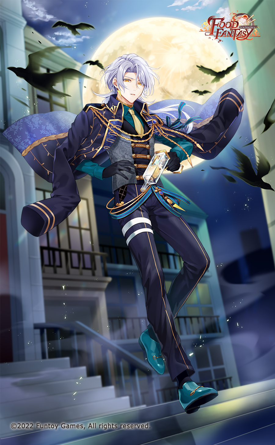 1boy aiguillette aqua_footwear aqua_shirt bird bishounen black_gloves black_pants building coat coat_on_shoulders cocosuke collared_shirt copyright copyright_name curtained_hair earrings food food_fantasy formal fruit full_body full_moon gin_(food_fantasy) gloves gold_trim grey_hair grey_vest hair_behind_ear hand_on_own_hip highres holding holding_water_gun jewelry leaf_print lemon loafers long_hair long_sleeves looking_at_viewer male_focus moon necktie night official_art pants parted_lips serious shirt shoes sleeve_ribbon solo stairs standing standing_on_one_leg thigh_strap triangle_earrings vest waistcoat water_gun yellow_eyes yellow_necktie