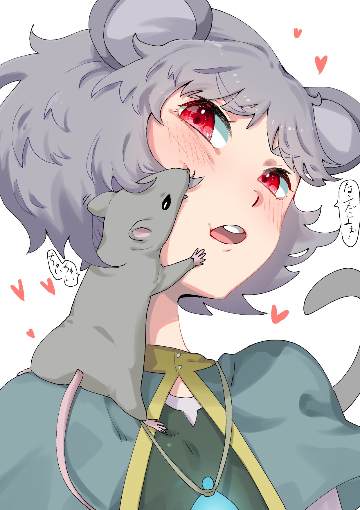 1girl animal_ears blue_capelet blush capelet commentary_request crystal grey_hair heart highres jewelry looking_at_viewer medium_bangs mouse mouse_ears mouse_girl mouse_tail nazrin open_mouth pendant red_eyes round_teeth short_hair simple_background sobayu_to_tenpura solo tail teeth touhou translation_request upper_body upper_teeth_only white_background