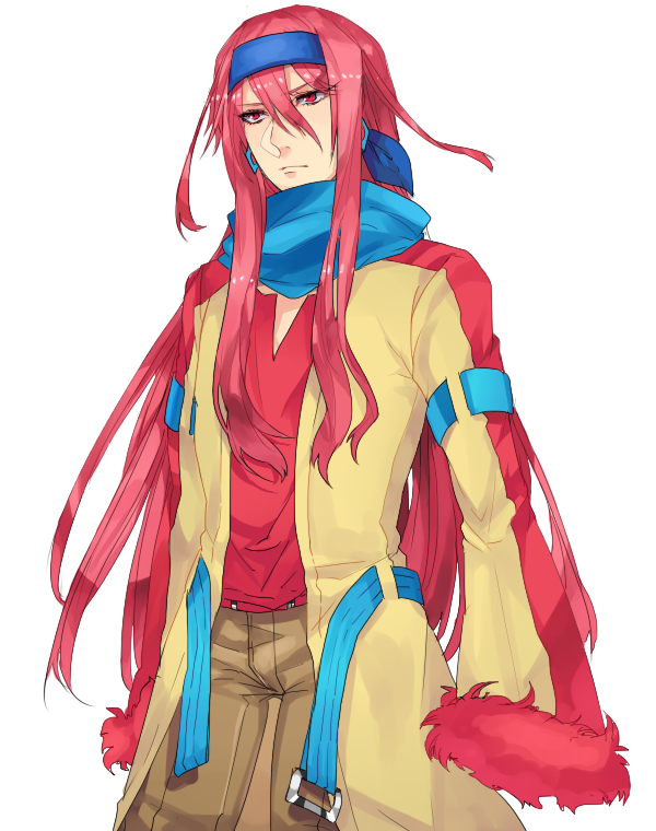 1boy blue_headband blue_scarf brown_pants coat earrings fur-trimmed_sleeves fur_trim hair_between_eyes headband jewelry katagiri_hachigou long_hair male_focus milotic open_clothes open_coat pants personification pink_hair pokemon red_eyes red_shirt scarf shirt simple_background very_long_hair white_background