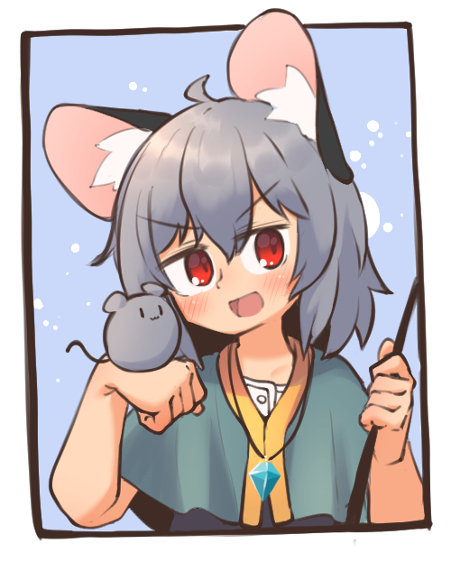 1girl :3 :d ahoge animal_ear_fluff animal_ears blue_background blue_capelet blush border capelet commentary_request crystal dowsing_rod flat_chest greenpiecerice grey_hair grey_vest hair_between_eyes holding jewelry looking_at_viewer medium_bangs mouse mouse_ears mouse_girl nazrin open_mouth outside_border pendant red_eyes shirt short_hair smile solo touhou upper_body v-shaped_eyebrows vest white_border white_shirt