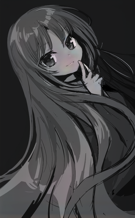 1other androgynous anmita_(rarutos) black_background clause commentary_request finger_to_cheek len'en long_hair long_sleeves looking_at_viewer monochrome other_focus parted_lips shirt simple_background sketch smile solo very_long_hair