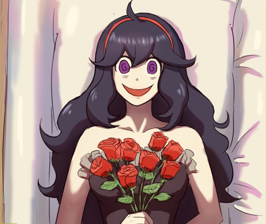 1girl @_@ ahoge bare_shoulders black_dress chips_n_cookies collarbone dress flower hex_maniac_(pokemon) looking_at_viewer lying my_chemical_romance open_mouth pokemon pokemon_(game) pokemon_xy purple_hair red_flower rose smile solo straight-on upper_body violet_eyes
