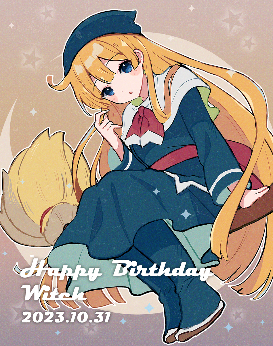 1girl blonde_hair blue_eyes blue_footwear blue_headwear blue_robe blush_stickers broom broom_riding capelet dated eyelashes happy_birthday highres kashima_miyako light_brown_background long_sleeves neckerchief parted_lips puyopuyo red_neckerchief robe sidesaddle solo white_capelet witch witch_(puyopuyo)