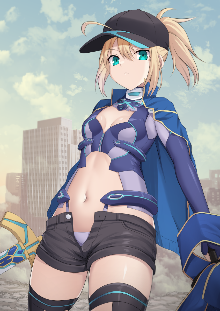 1girl ahoge artoria_pendragon_(fate) baseball_cap black_headwear black_shorts black_thighhighs blonde_hair blue_jacket blue_scarf breasts cross_(crossryou) dual_wielding excalibur_(fate/stay_night) excalibur_morgan_(fate) fate/grand_order fate_(series) gloves glowing glowing_sword glowing_weapon green_eyes hair_through_headwear hat highres holding holding_sword holding_weapon jacket jacket_on_shoulders looking_at_viewer micro_shorts mysterious_heroine_x_(fate) mysterious_heroine_x_(third_ascension)_(fate) navel open_clothes open_fly open_shorts ponytail scarf shorts small_breasts solo sword thigh-highs track_jacket unbuttoned unzipped weapon