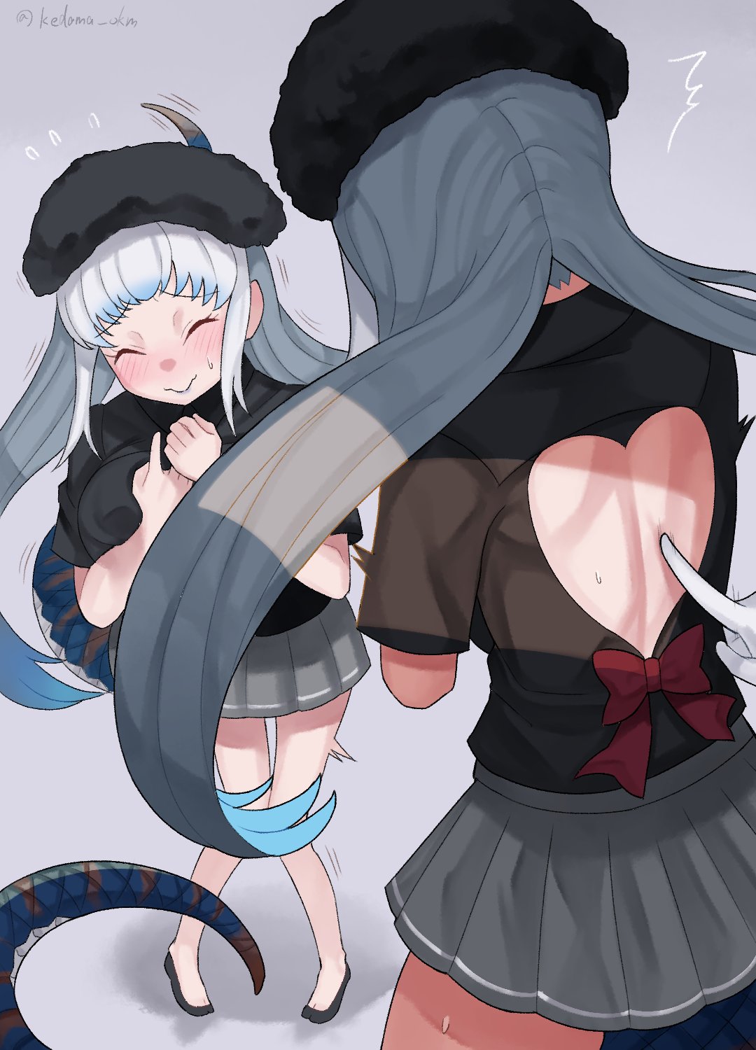 1girl alternate_costume back_bow back_cutout black_shirt blue_hair blush bow closed_eyes clothing_cutout grey_hair grey_skirt highres kedama_(ughugjydthjdf) kemono_friends komodo_dragon_(kemono_friends) lizard_tail long_hair multicolored_hair multiple_views pleated_skirt red_bow reptile_girl shirt skirt solo sweatdrop tail touching_another's_back trembling wavy_mouth