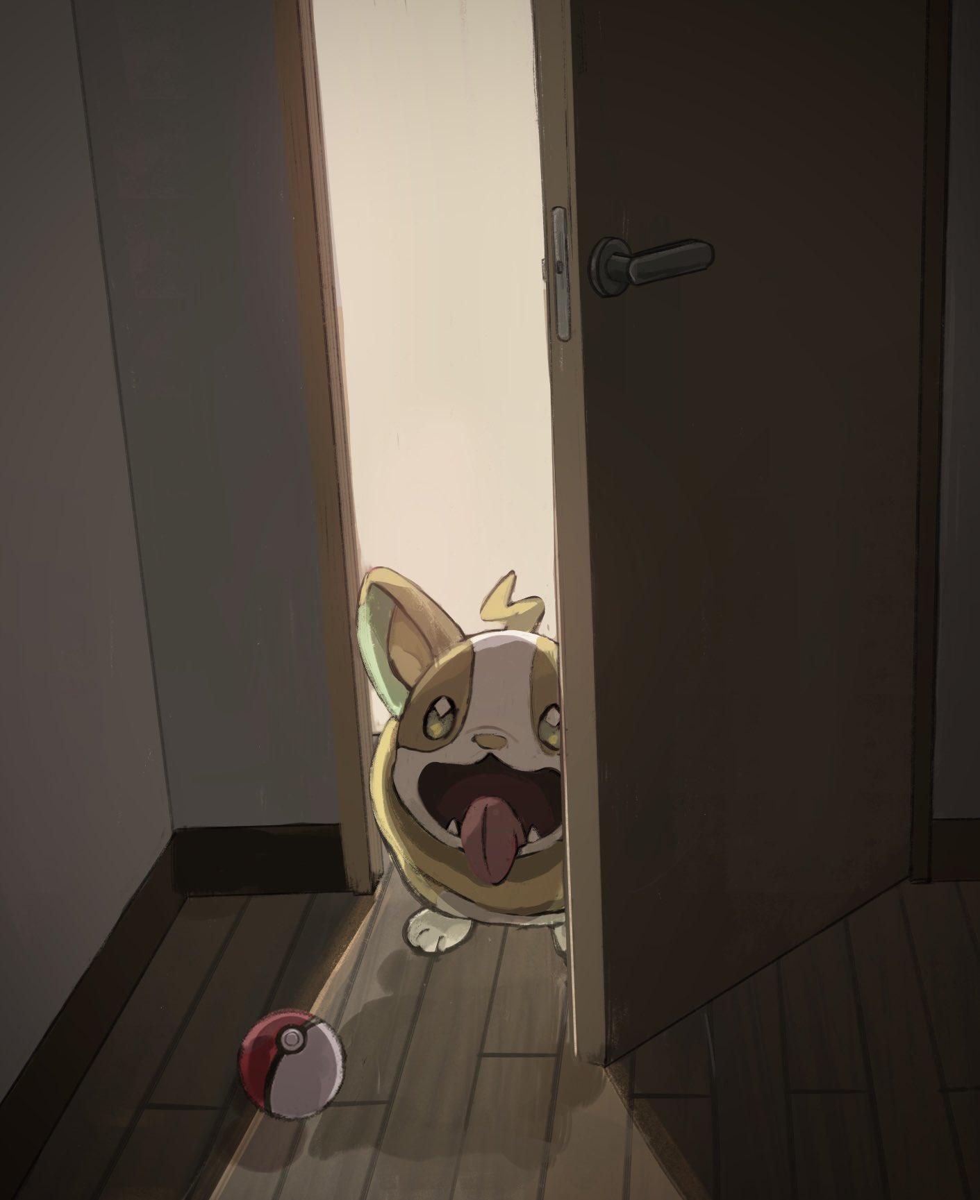 animal_focus anzu_(01010611) door door_handle fangs green_eyes highres indoors looking_up no_humans open_mouth poke_ball poke_ball_(basic) pokemon pokemon_(creature) shadow solo tongue tongue_out wooden_floor yamper