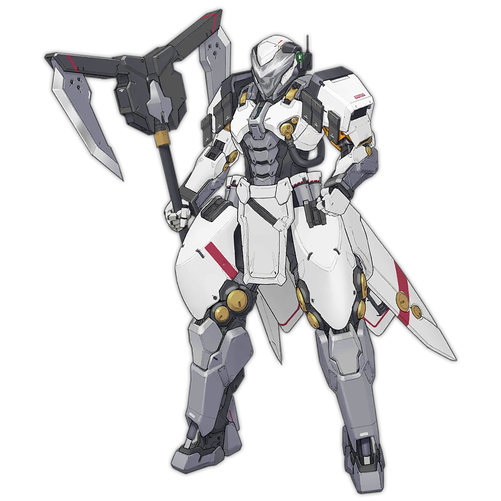 artist_request assault_visor axe battle_axe cable clenched_hand full_body girls_frontline helmet holding holding_axe holding_weapon mechanical_arms mechanical_legs official_art paradeus punisher_(girls'_frontline) radio_antenna science_fiction simple_background skull_print solo standing third-party_source transparent_background tube weapon white_armor