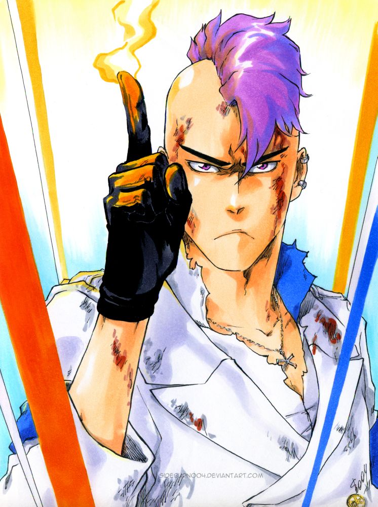 arm_up artist_name bazz-b black_gloves bleach bleach:_the_thousand-year_blood_war blood closed_mouth collarbone earrings fire furrowed_brow gloves hair_between_eyes index_finger_raised injury jewelry long_sleeves looking_at_viewer male_focus marker_(medium) mohawk necklace purple_hair pyrokinesis quincy_(bleach) shirt sideburn004 torn_clothes traditional_media upper_body violet_eyes white_shirt