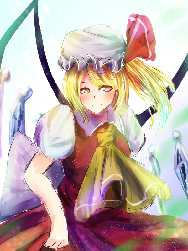1girl ascot back_bow blonde_hair blush bow breasts closed_mouth cowboy_shot flandre_scarlet hat large_bow looking_at_viewer medium_hair mob_cap multicolored_wings one_side_up oversized_clothes puffy_short_sleeves puffy_sleeves red_eyes red_skirt red_vest shirt short_sleeves simple_background skirt small_breasts smile solo teruteru12 touhou vest white_background white_bow white_headwear white_shirt wings yellow_ascot
