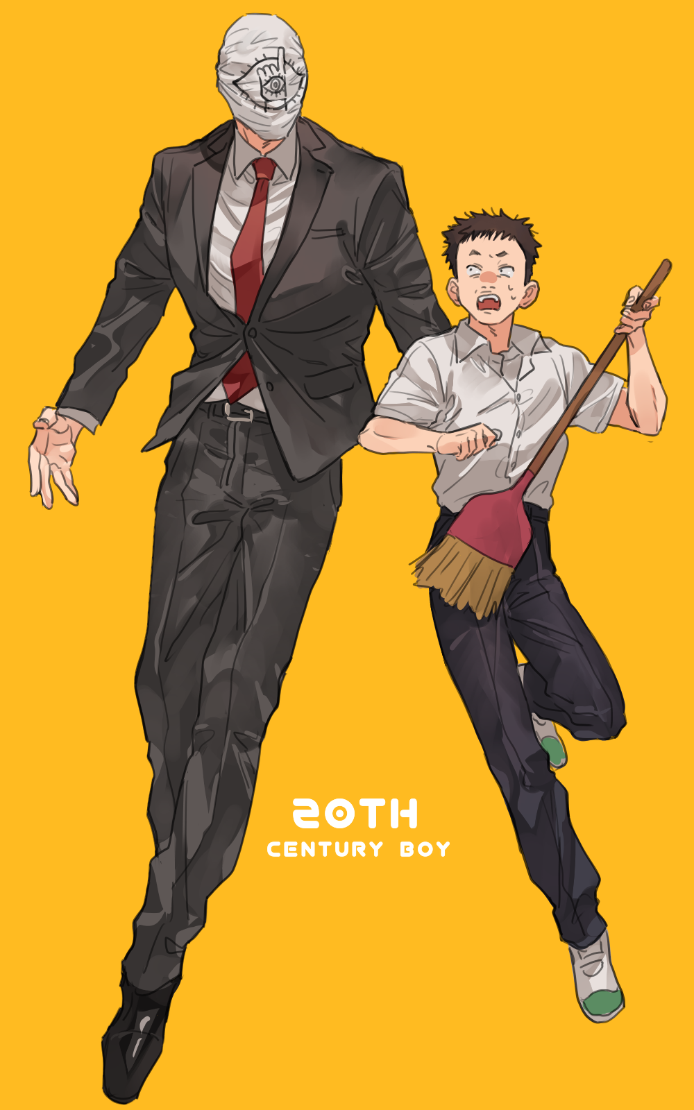 20th_century_boys 2boys bbbb_fex black_footwear black_pants black_suit broom character_request copyright_name endou_kenji highres holding holding_broom male_focus mask multiple_boys necktie open_mouth pants red_necktie shirt shoes short_hair simple_background sneakers suit sweatdrop tomodachi_(20th_century_boys) white_shirt yellow_background