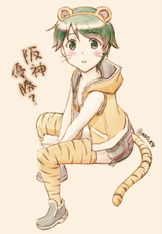 1girl animal_ears animal_print black_shorts commentary_request cutoffs denim denim_shorts green_eyes green_hair hood hooded_vest hoodie kantai_collection mogami_(kancolle) nao_(nao_eg) parted_lips shorts solo tail thigh-highs tiger_ears tiger_print tiger_tail translation_request twitter_username vest whiskers yellow_thighhighs yellow_vest