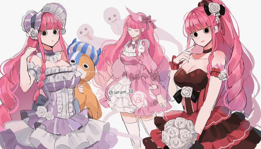 1girl archived_source arm_cuffs black_eyes blunt_bangs bouquet bow braid check_commentary choker closed_eyes commentary_request detached_collar dress drill_hair eyelashes flower frilled_dress frills ghost hair_bow hat high_ponytail holding holding_bouquet joman korean_commentary kumacy looking_at_viewer one_piece perona pink_dress pink_hair purple_dress red_dress ribbon rose simple_background smile strapless strapless_dress stuffed_animal stuffed_toy tattoo thigh-highs white_background white_flower white_rose white_thighhighs wrist_cuffs