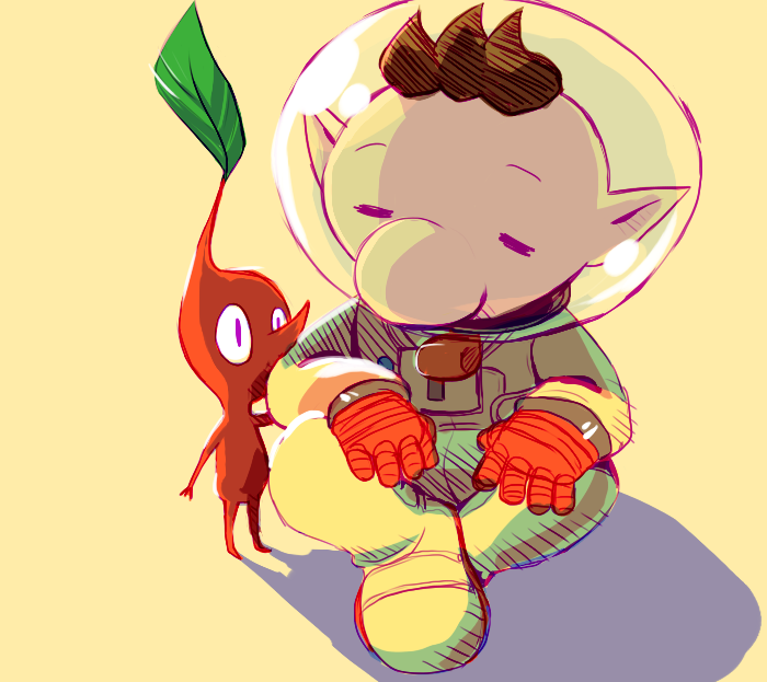 1boy big_nose brown_hair buttons closed_eyes colored_skin commentary doemoes english_commentary full_body gloves hand_on_another's_arm height_difference helmet leaf looking_at_another male_focus no_mouth olimar pikmin_(creature) pikmin_(series) pointy_ears pointy_nose red_gloves red_pikmin red_skin shadow short_hair sitting space_helmet spacesuit very_short_hair violet_eyes whistle yellow_background