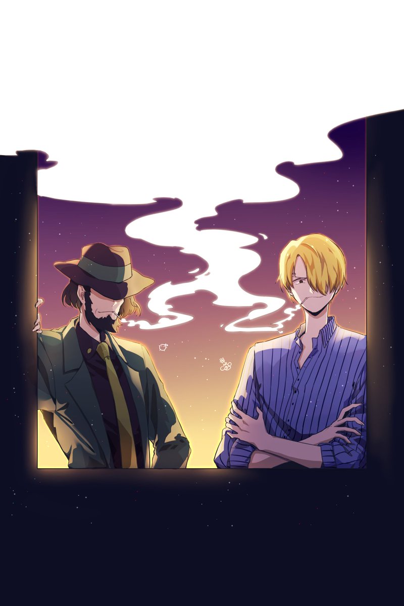 2boys archived_source bad_id bad_twitter_id beard black_hair blonde_hair blue_shirt cigarette commentary_request crossed_arms facial_hair hair_over_eyes hand_on_wall hat highres jacket jigen_daisuke korean_commentary lupin_iii mulmulgogibbq multiple_boys necktie night night_sky one_piece sanji_(one_piece) shirt short_hair sideburns sky smile smoking striped striped_shirt vertical-striped_shirt vertical_stripes