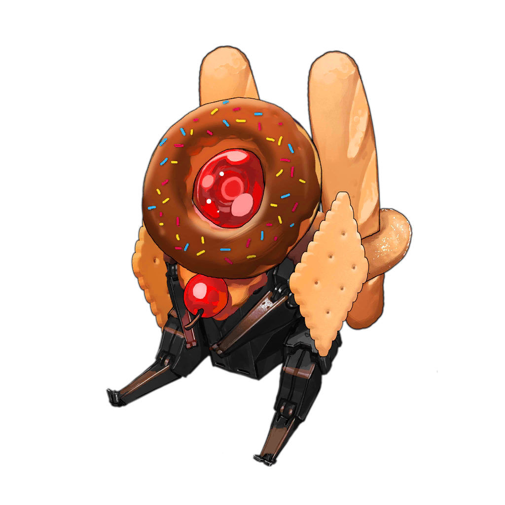animal_focus baguette bread cerberus_(girls'_frontline) cherry cracker doughnut food food-themed_ornament food_focus fruit full_body girls_frontline gun infukun machinery military no_humans non-humanoid_robot official_alternate_costume official_art one-eyed red_eyes robot robot_animal robot_dog sangvis_ferri shoulder_cannon simple_background sitting sprinkles third-party_source transparent_background weapon