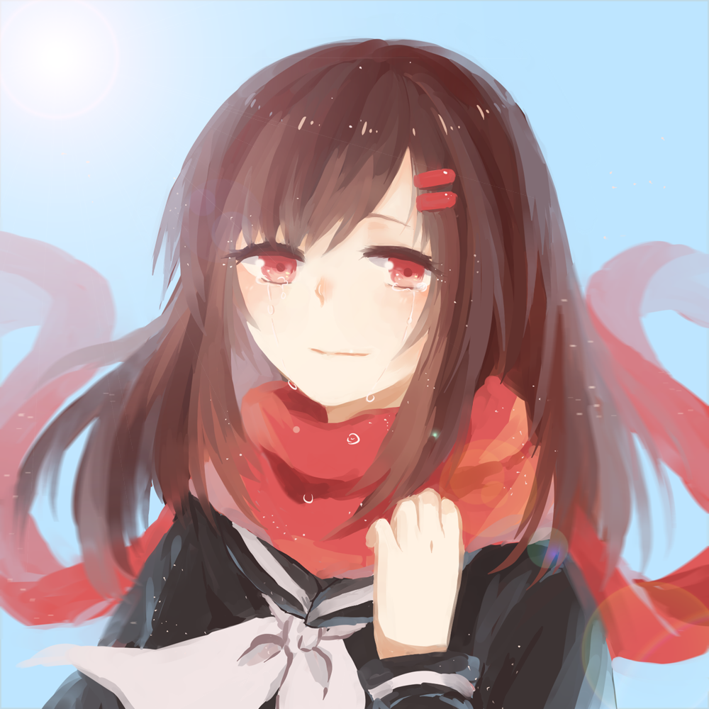 1girl black_sailor_collar black_shirt blush brown_hair chinese_commentary closed_mouth commentary_request crying crying_with_eyes_open enpera gradient_background hair_ornament hairclip kagerou_project light_blue_background long_hair long_sleeves looking_at_viewer neckerchief partial_commentary portrait red_eyes red_scarf sad_smile sailor_collar scarf school_uniform serafuku shirt single_stripe solo spirit_(624793092) striped tateyama_ayano tears white_background white_neckerchief white_stripes winter_uniform