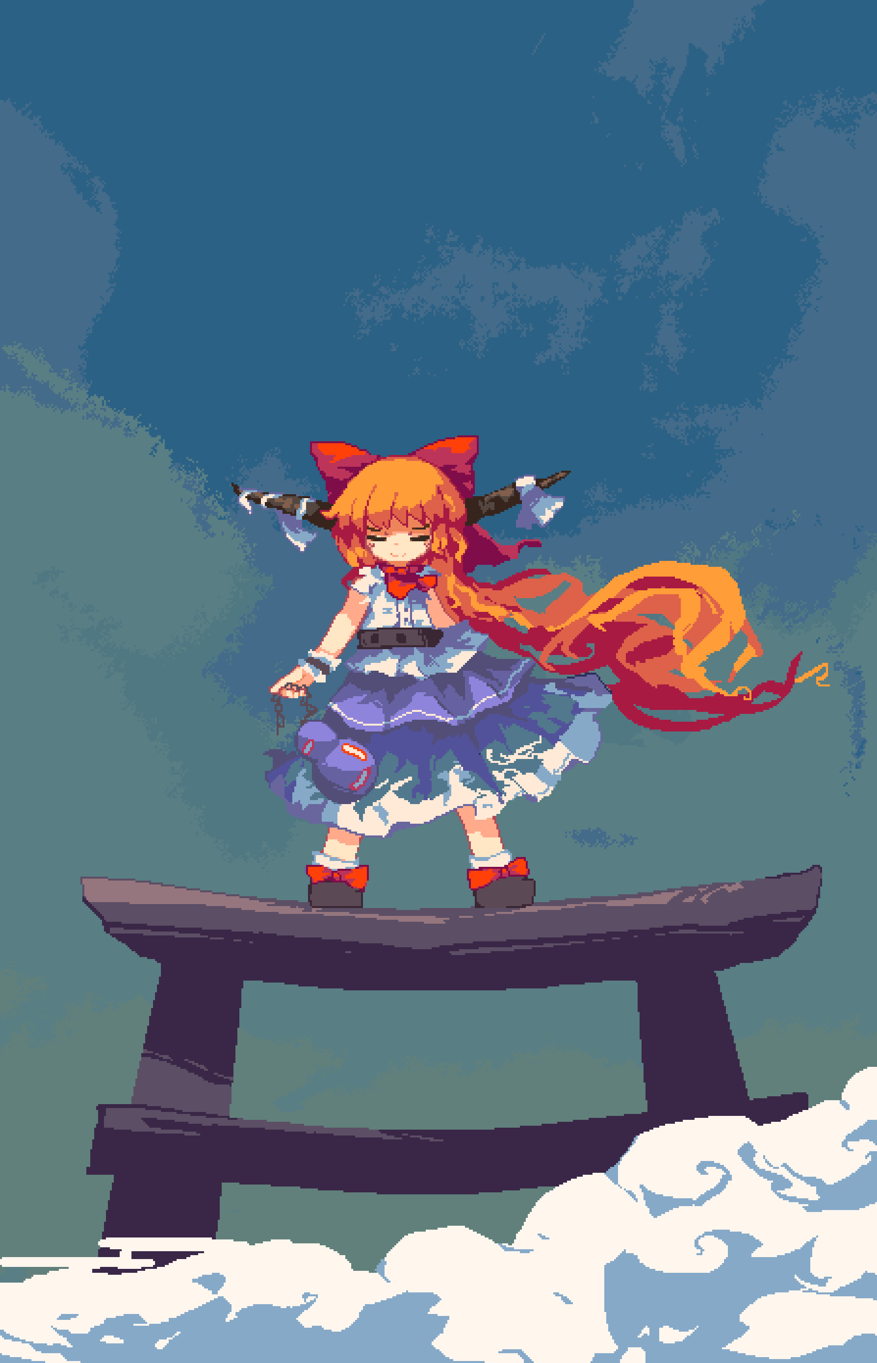 1girl absurdres belt black_belt black_footwear blouse blue_background bow chain closed_eyes clouds commentary footwear_bow full_body gourd hair_bow highres horn_bow horn_ornament horn_ribbon horns ibuki_suika light_smile ling_os87 long_hair oni oni_horns orange_hair outdoors pixel_art purple_skirt red_bow ribbon shirt shoes sidelocks skirt sky sleeveless sleeveless_shirt socks solo standing standing_on_torii torii touhou very_long_hair white_bow white_ribbon white_shirt wrist_cuffs