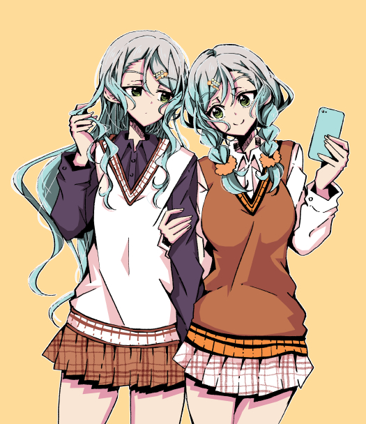 2girls aqua_hair bang_dream! braid brown_skirt brown_sweater_vest cellphone collared_shirt green_eyes hair_ornament hair_scrunchie hairclip hikawa_hina hikawa_sayo holding holding_another's_arm holding_phone long_hair looking_at_another medium_hair multiple_girls phone plaid plaid_skirt ryu_minbs scrunchie shirt siblings sisters skirt smartphone sweater_vest twin_braids twins very_long_hair wavy_hair white_shirt white_skirt white_sweater_vest yellow_background