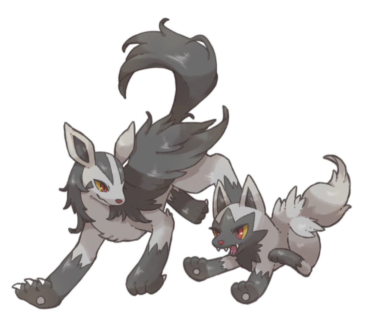 animal_focus animal_hands claws colored_sclera commentary_request evolutionary_line grey_fur mightyena no_humans pokemon pokemon_(creature) poochyena red_eyes simple_background towa_(clonea) white_background wolf yellow_sclera
