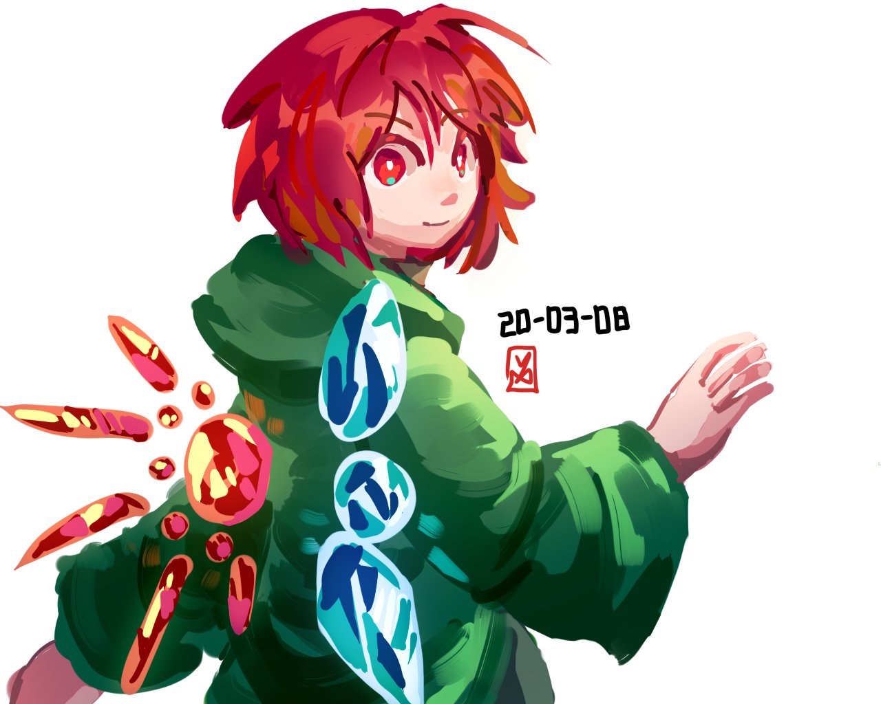 1other ahoge androgynous blue_wings closed_mouth colored_eyelashes commentary_request dated from_behind green_jacket hood hood_down hooded_jacket jacket korean_commentary len'en long_sleeves looking_back mismatched_wings other_focus outstretched_arm red_eyes red_wings redhead shitodo_hooaka short_hair signature smile upper_body waiwa_way white_background wide_sleeves wings