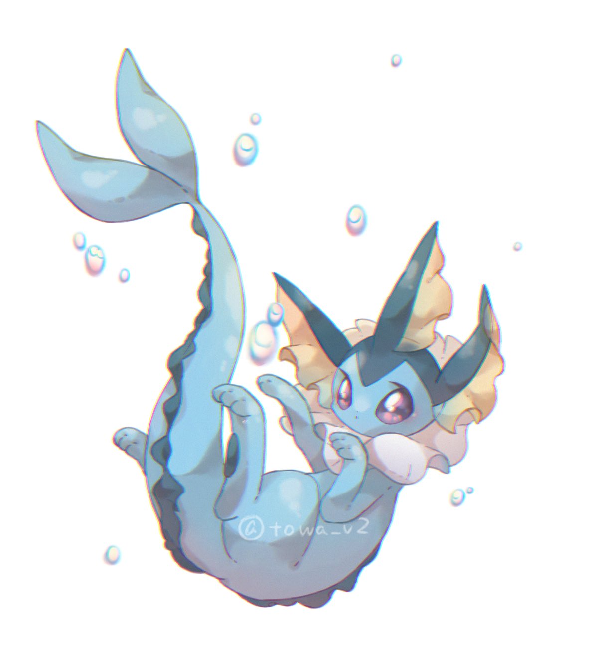 artist_name bubble closed_mouth commentary_request dot_nose fins forked_tail head_fins highres pokemon pokemon_(creature) simple_background tail towa_(clonea) vaporeon violet_eyes white_background