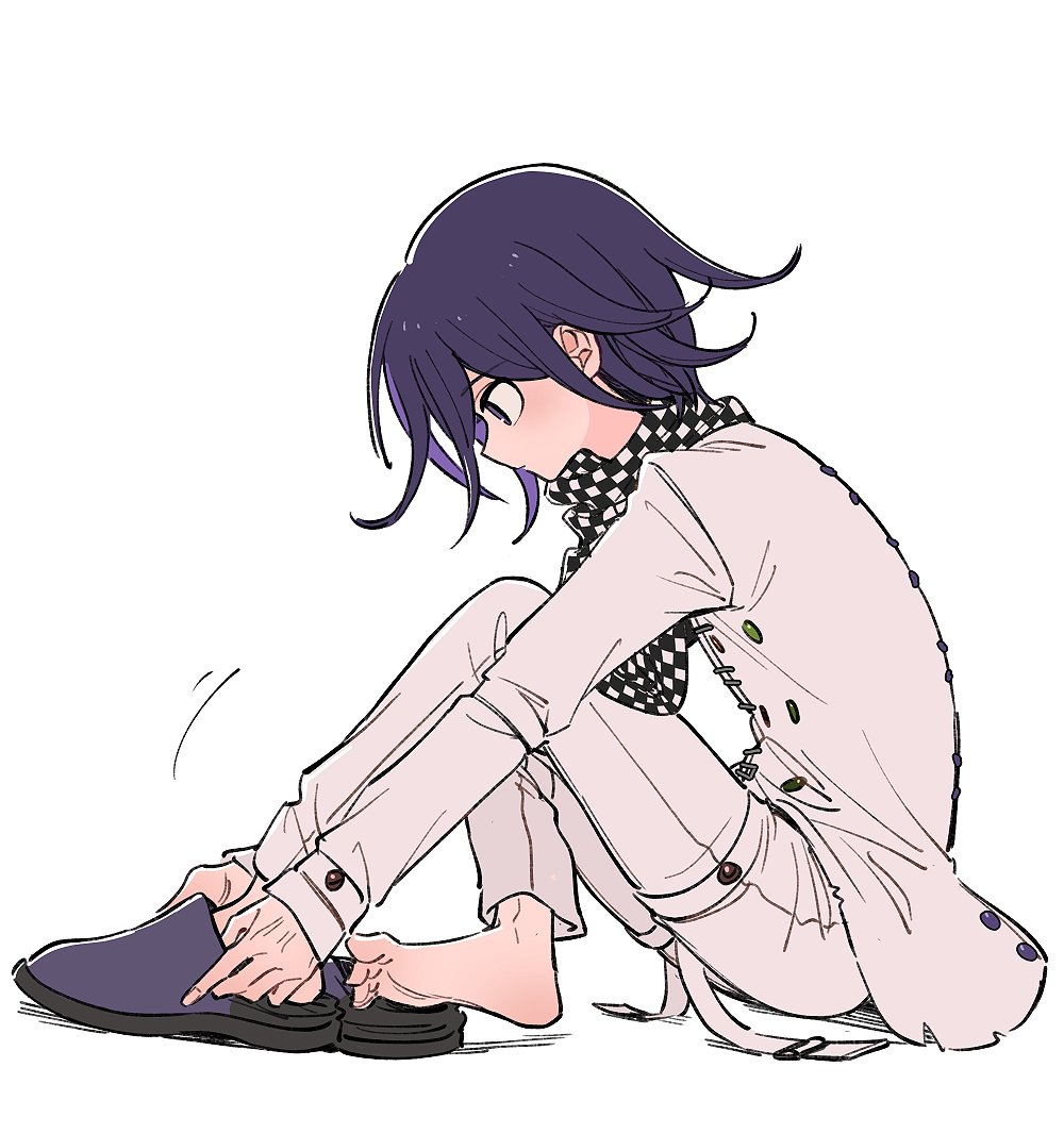 1boy barefoot checkered_clothes checkered_scarf danganronpa_(series) danganronpa_v3:_killing_harmony from_side full_body looking_down motion_lines oma_kokichi pants purple_footwear purple_hair putting_on_shoes scarf short_hair sitting solo straitjacket thigh_strap violet_eyes white_background white_pants xiao_(grsnss25)