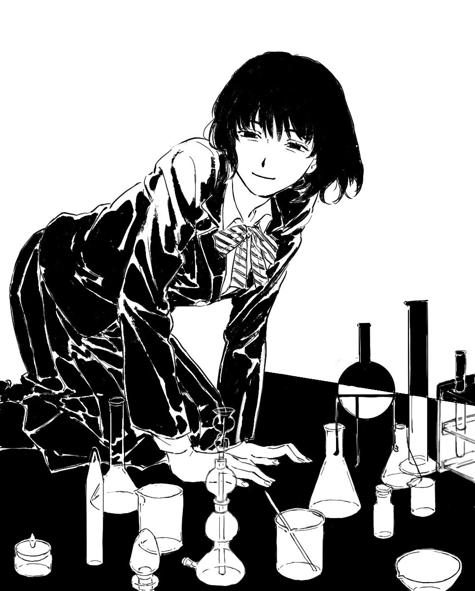 1girl all_fours beaker blazer bow bowtie candle closed_mouth collared_shirt erlenmeyer_flask flask greyscale highres jacket kgeroua light_smile long_sleeves looking_at_viewer monochrome original pleated_skirt school_uniform shirt short_hair skirt solo test_tube