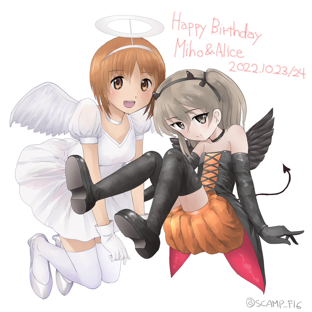 2girls angel_wings black_footwear black_gloves black_ribbon black_shirt black_wings boots brown_eyes brown_hair character_name choker closed_mouth coattails commentary dated demon_horns demon_tail dress elbow_gloves english_text fake_halo fake_horns fake_tail fake_wings floating girls_und_panzer gloves hair_ribbon halloween halloween_costume halo happy_birthday horns light_brown_hair long_hair looking_at_viewer multiple_girls nishizumi_miho one_side_up open_mouth orange_shorts puffy_short_sleeves puffy_sleeves pumpkin_pants ribbon scamp_(scamp_f16) shimada_arisu shirt short_dress short_hair short_sleeves shorts simple_background smile strapless strapless_shirt tail thigh_boots twitter_username white_background white_choker white_dress white_wings wings