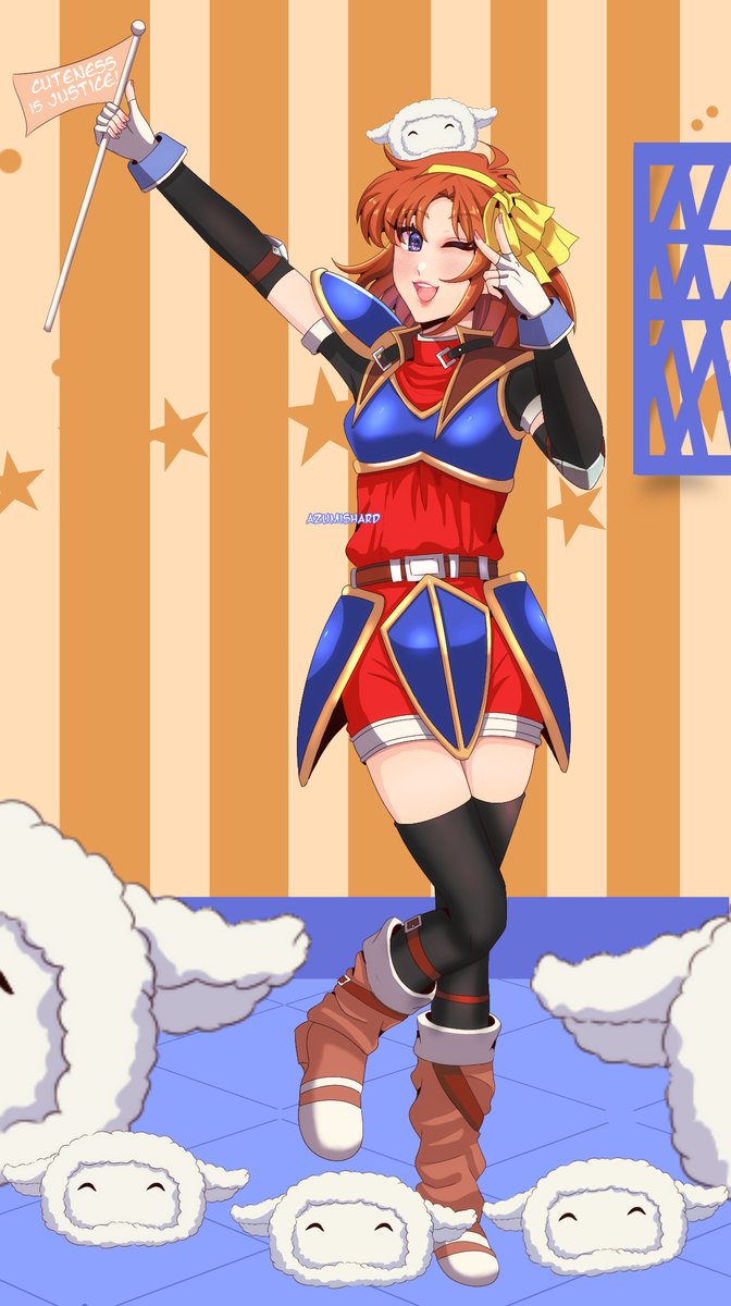 1girl anelace_elfead armor azumishard boots breastplate brown_hair eiyuu_densetsu english_commentary english_text fingerless_gloves flag full_body gloves highres holding holding_flag one_eye_closed open_mouth pauldrons sheep shoulder_armor solo sora_no_kiseki star_(symbol) striped striped_background thigh-highs twitter_username violet_eyes