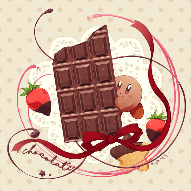 :o artist_name blush blush_stickers brown_background candy chocolate chocolate_bar chocolate_strawberry closed_mouth commentary cookie food fruit kirby kirby_(series) kotori_(lycka) looking_at_viewer no_humans polka_dot polka_dot_background red_eyes red_ribbon ribbon simple_background solo star-shaped_cookie star_(symbol) star_in_eye strawberry symbol-only_commentary symbol_in_eye twitter_username