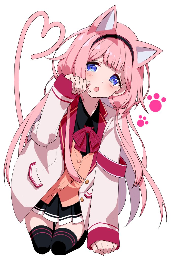 1girl animal_ears black_hairband black_shirt black_skirt black_thighhighs blue_eyes blush bow bowtie brown_cardigan cardigan cat_ears cat_girl cat_tail collared_shirt commentary_request hairband hand_up heart heart_tail jacket kemonomimi_mode kneeling long_hair long_sleeves looking_at_viewer nijisanji omas_lie open_clothes open_jacket open_mouth paw_pose pink_hair plaid plaid_bow plaid_bowtie pleated_skirt school_uniform selene_girls_school_uniform shirt simple_background skirt solo suo_sango suo_sango_(1st_costume) tail thigh-highs virtual_youtuber white_background white_jacket