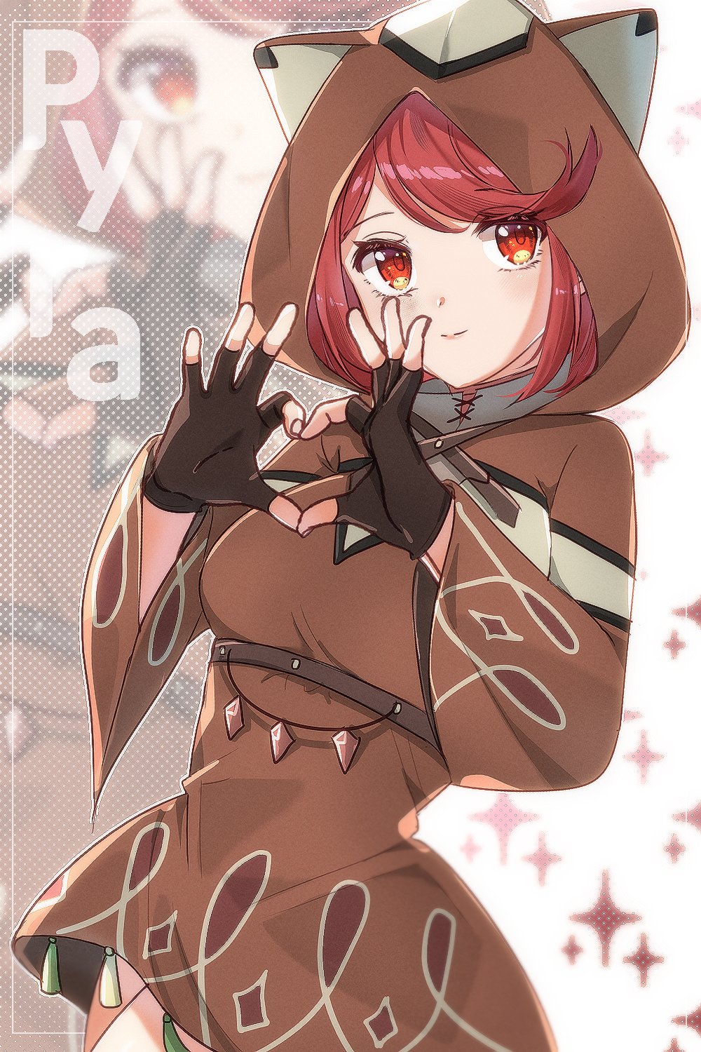 1girl animal_ears animal_hood black_gloves breasts brown_dress character_name closed_mouth commentary dress fake_animal_ears fingerless_gloves gloves hands_up heart heart_hands highres hood hood_up long_sleeves medium_breasts pyra_(xenoblade) red_eyes redhead smile solo sparkle swept_bangs wide_sleeves xenoblade_chronicles_(series) xenoblade_chronicles_2 zer00han zoom_layer