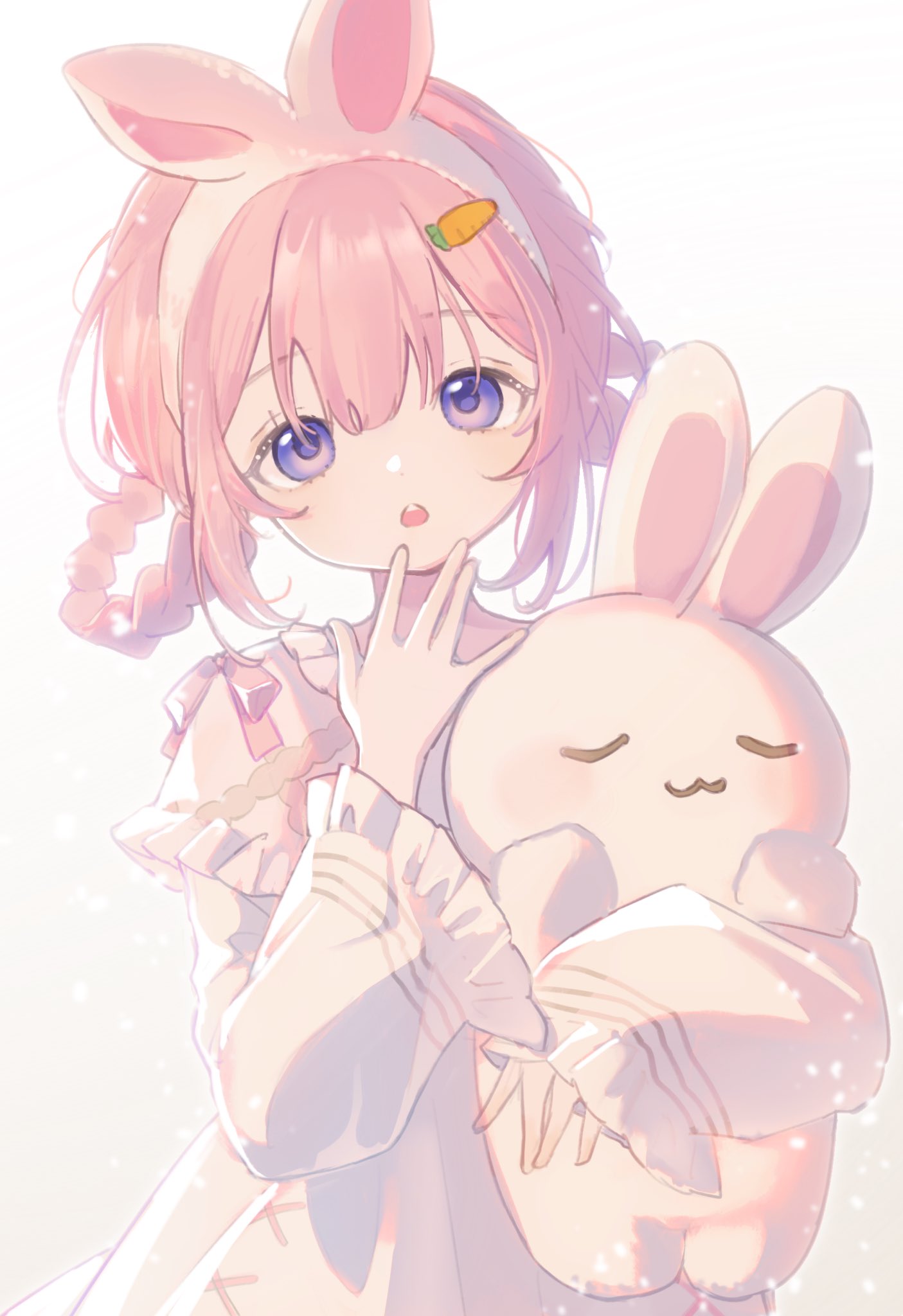1girl :3 :o animal_ears braided_hair_rings carrot_hair_ornament commentary_request fake_animal_ears food-themed_hair_ornament frills hair_between_eyes hair_ornament hand_to_own_mouth hand_up highres hugging_object long_sleeves looking_at_viewer nightgown nijisanji official_alternate_costume open_mouth pink_hair rabbit_ears simple_background solo stuffed_animal stuffed_rabbit stuffed_toy suo_sango suo_sango_(2nd_costume) upper_body violet_eyes virtual_youtuber white_background white_nightgown wide_sleeves yuan_(yyuan000)