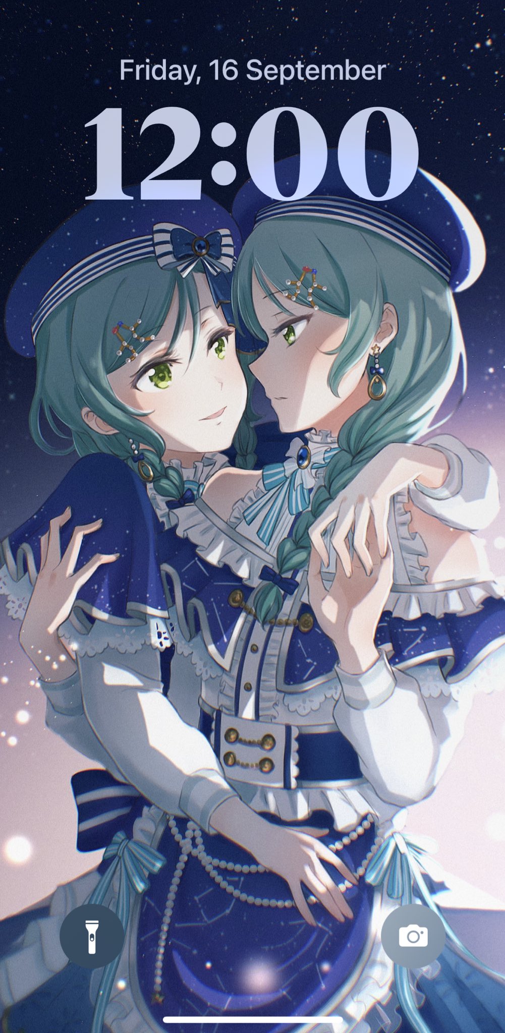 2girls aqua_hair bang_dream! blue_bow blue_dress blue_headwear blue_ribbon bow braid cellphone dress earrings english_commentary fake_phone_screenshot fake_screenshot frilled_dress frills green_eyes hair_ornament hairclip hand_grab hand_on_another's_hip highres hikawa_hina hikawa_sayo imminent_kiss incest jewelry light_rays long_hair looking_at_another multiple_girls naughty_face phone ribbon siblings sisters smartphone starry_background twin_braids twincest twins user_interface white_bow xin_(blueramen) yuri