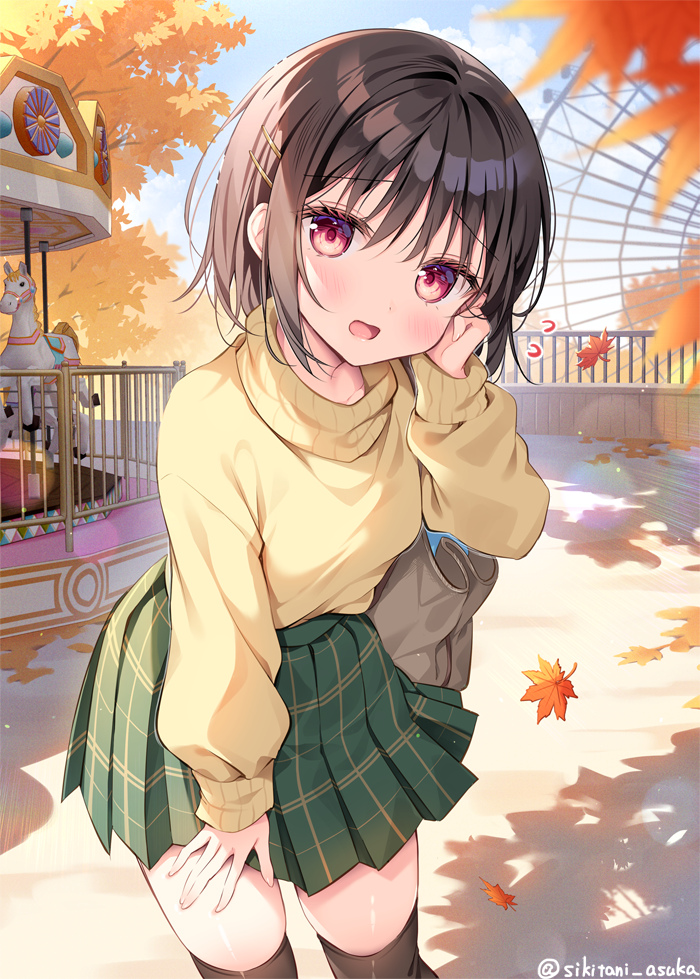 1girl artist_name bag black_thighhighs blush brown_hair carousel ferris_wheel green_skirt hair_ornament hairclip hand_on_own_cheek hand_on_own_face hand_on_own_thigh leaf long_sleeves looking_at_viewer maple_leaf medium_hair open_mouth original outdoors plaid plaid_skirt red_eyes shadow shikitani_asuka skirt solo sweater thigh-highs turtleneck twitter_username watermark yellow_sweater