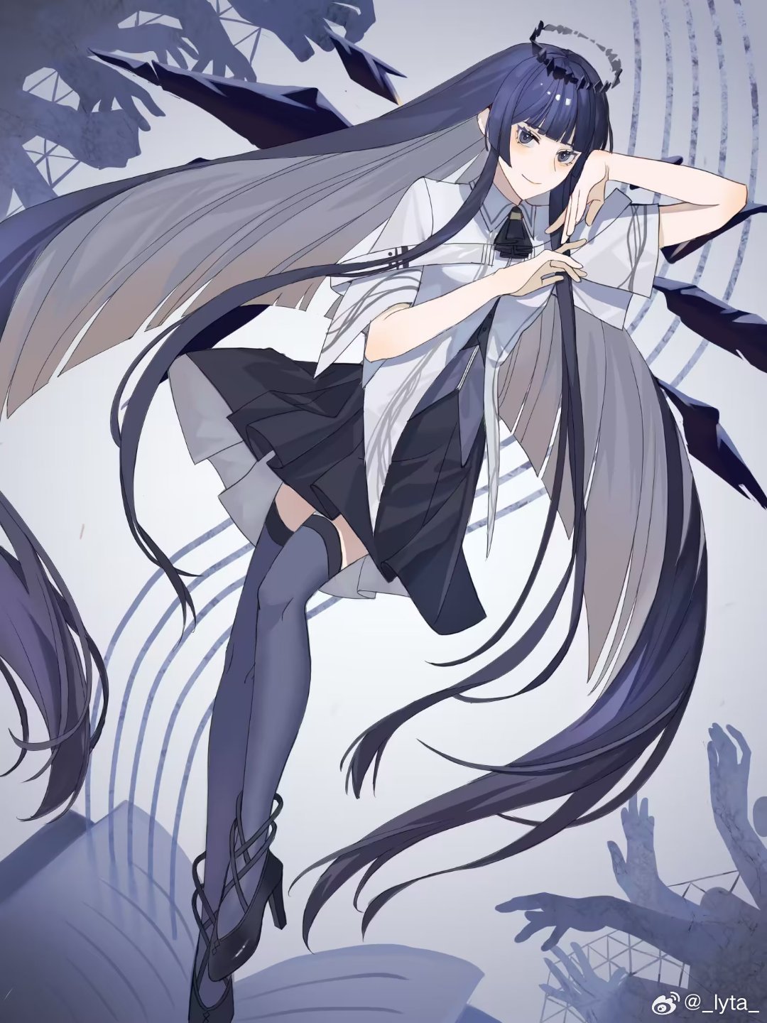 1girl absurdly_long_hair arknights arm_up artist_name ascot balancing belt belt_buckle black_ascot black_bustier black_eyes black_footwear black_hair black_halo black_skirt black_thighhighs black_wings blunt_bangs book breasts broken_halo buckle bustier buttons chinese_commentary chinese_text closed_mouth collared_jacket colored_inner_hair commentary_request dark_halo detached_wings dress_shirt en_pointe energy_wings eyelashes full_body gradient_background grey_background grey_hair grey_shirt grey_skirt halo hands_up high_heels highres hime_cut jacket leg_up long_hair looking_at_viewer lyta miniskirt multicolored_clothes multicolored_hair multicolored_skirt on_book open_book outstretched_hand pale_skin pleated_skirt reaching_towards_another shirt short_sleeved_jacket short_sleeves sidelocks skirt smile solo staff_(music) standing standing_on_one_leg strappy_heels thigh-highs tiptoes two-tone_background two-tone_hair two-tone_skirt very_long_hair virtuosa_(arknights) watermark weibo_logo weibo_username white_background white_belt white_jacket wide_sleeves wing_collar wings zettai_ryouiki