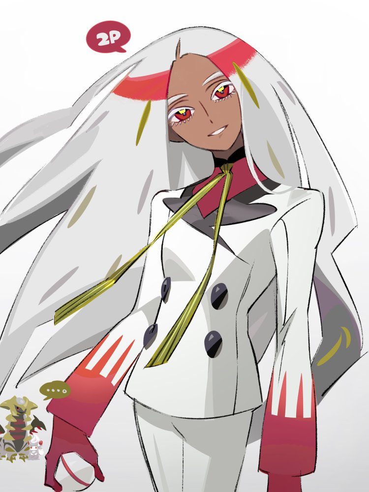 ... 1girl alcremie blonde_hair colored_eyelashes cowboy_shot dark-skinned_female dark_skin geeta_(pokemon) giratina gloves hashima_(hashima-dr) head_tilt holding jacket long_hair long_sleeves looking_at_viewer multicolored_hair necktie open_mouth pants pokemon pokemon_(creature) pokemon_(game) pokemon_sv red_eyes red_gloves redhead simple_background smile solo speech_bubble spoken_ellipsis standing very_long_hair white_background white_hair white_jacket white_pants yellow_necktie