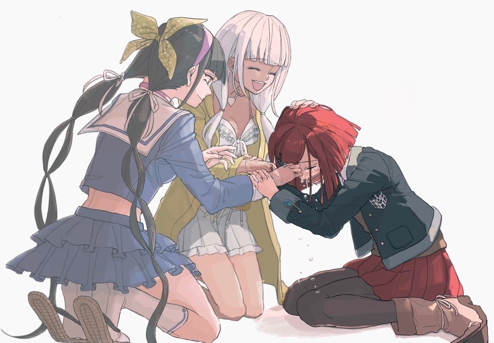 3girls angst bikini black_hair black_pantyhose blue_skirt blunt_bangs boots chabashira_tenko closed_eyes crop_top crying danganronpa_(series) danganronpa_v3:_killing_harmony dark-skinned_female dark_skin facing_another frilled_skirt frills full_body ghost green_eyes hairband headpat jacket jewelry kneehighs kneeling long_hair looking_at_another low_twintails multiple_girls necklace open_clothes open_jacket open_mouth pantyhose reaching_towards_another red_skirt redhead sad sandals school_uniform shell_necklace short_hair skirt smile sobbing socks spoilers streaming_tears swimsuit tears translucent twintails very_long_hair white_background white_bikini white_hair yonaga_angie yoshie_(komaneko0007) yumeno_himiko