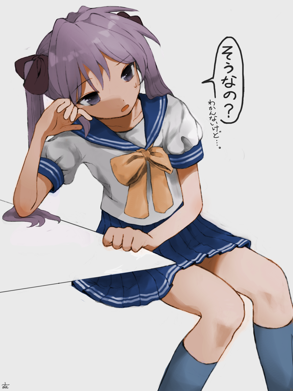 1girl blue_sailor_collar blue_skirt blue_socks bow brown_ribbon ccnaov grey_background grey_eyes hair_ribbon hand_on_own_cheek hand_on_own_face head_rest highres hiiragi_kagami invisible_chair kneehighs long_hair lucky_star pleated_skirt puffy_short_sleeves puffy_sleeves purple_hair ribbon ryouou_school_uniform sailor_collar school_uniform serafuku shirt short_sleeves simple_background sitting skirt socks solo speech_bubble sweatdrop twintails white_shirt yellow_bow