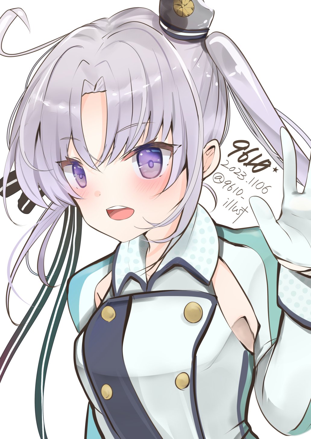 1girl 9610_(kuroto) akitsushima_(kancolle) anchor_hair_ornament armpit_cutout blush breasts clothing_cutout dated grey_hair hair_ornament hair_ribbon hat highres kantai_collection long_hair looking_at_viewer military mini_hat open_mouth purple_hair ribbon side_ponytail simple_background smile solo twitter_username upper_body violet_eyes white_background