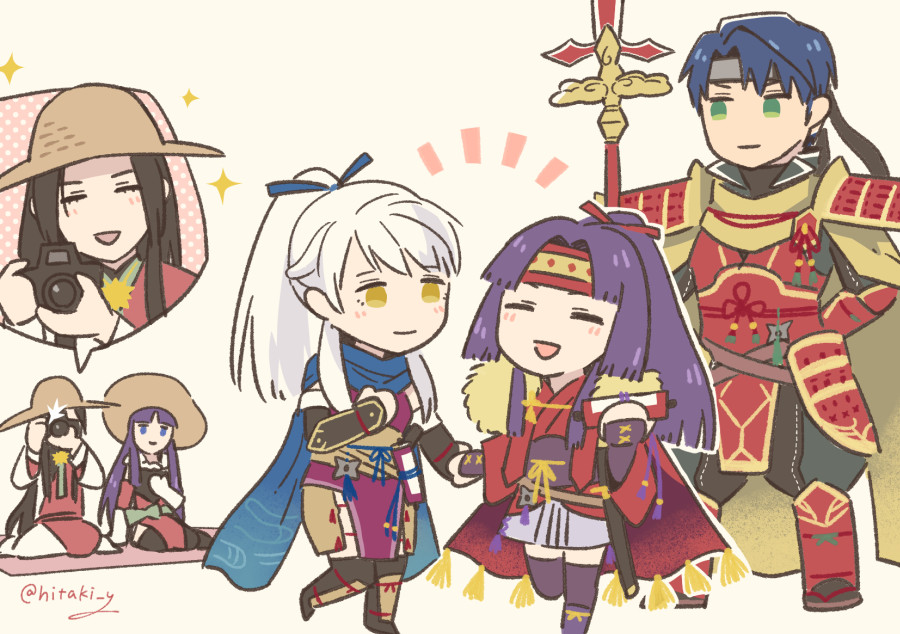 altina_(fire_emblem) armor artist_name blue_scarf camera chibi closed_eyes commentary fire_emblem fire_emblem:_radiant_dawn fire_emblem_heroes hat headband hitaki_y holding holding_polearm holding_weapon japanese_armor long_hair long_scarf micaiah_(fire_emblem) micaiah_(ninja)_(fire_emblem) ninja open_mouth polearm ponytail red_headband sanaki_kirsch_altina sanaki_kirsch_altina_(ninja) scarf seiza sephiran_(fire_emblem) simple_background sitting spear standing symbol-only_commentary taking_picture weapon white_background white_hair yellow_eyes zelgius_(fire_emblem) zelgius_(ninja)_(fire_emblem)