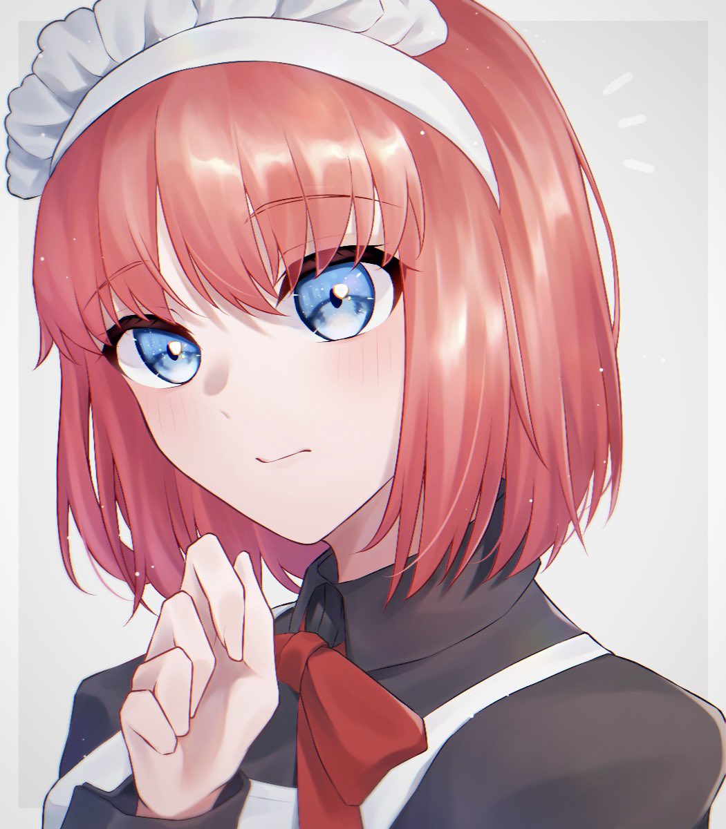 1girl 625chin apron black_dress blue_eyes blush closed_mouth collared_dress commentary_request dress highres hisui_(tsukihime) long_sleeves looking_at_viewer maid maid_apron maid_headdress neck_ribbon red_ribbon redhead ribbon short_hair solo tsukihime upper_body white_apron