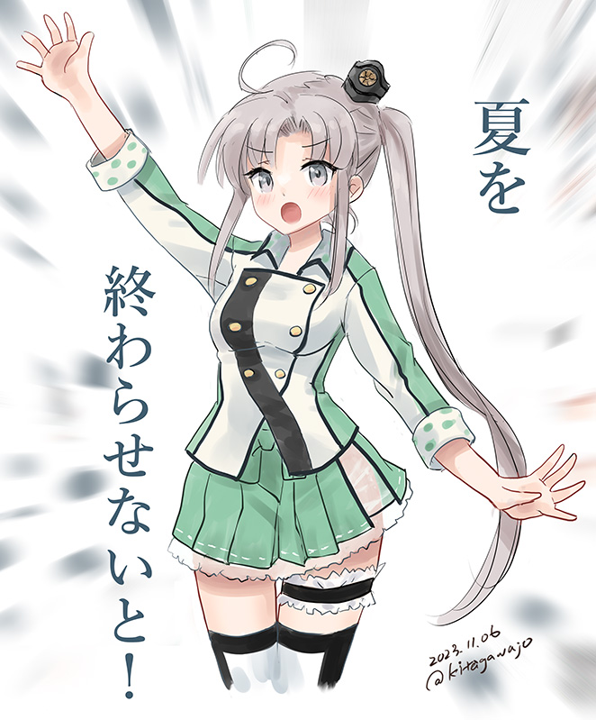1girl ahoge akitsushima_(kancolle) bridal_garter commentary_request dated green_skirt grey_eyes grey_hair hat jacket kantai_collection kitagawa_mikio long_hair military_jacket military_uniform mini_hat multicolored_shirt one-hour_drawing_challenge pleated_skirt side_ponytail sidelocks skirt solo thigh-highs translation_request twitter_username uniform white_thighhighs