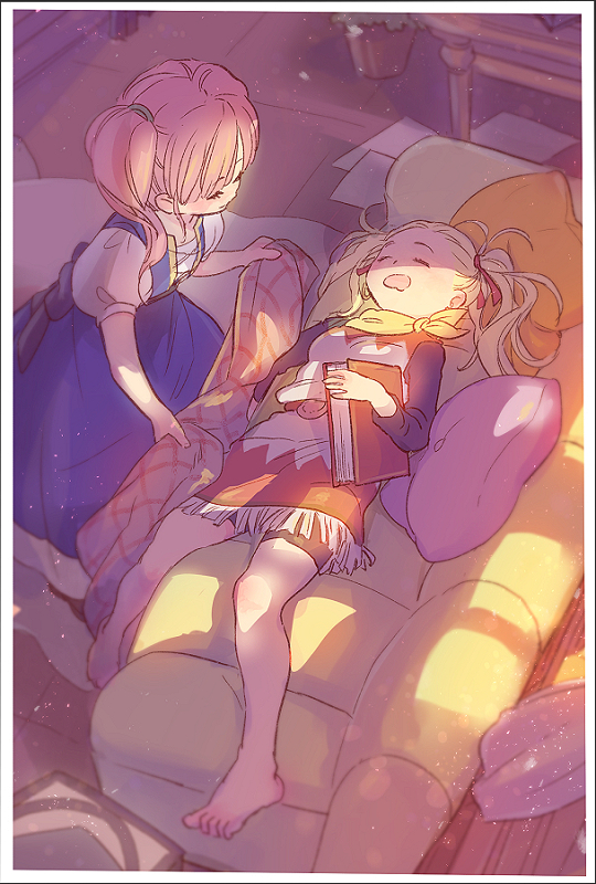 2girls basket blanket blonde_hair blue_dress book closed_eyes couch curtains dragon_quest dragon_quest_builders_2 dress drooling female_builder_(dqb2) holding lantern looking_down multicolored_clothes multiple_girls paper pillow pink_hair rug ruru_(dqb2) scarf side_ponytail sleeping sunlight table twintails user_gryp2784 yellow_scarf